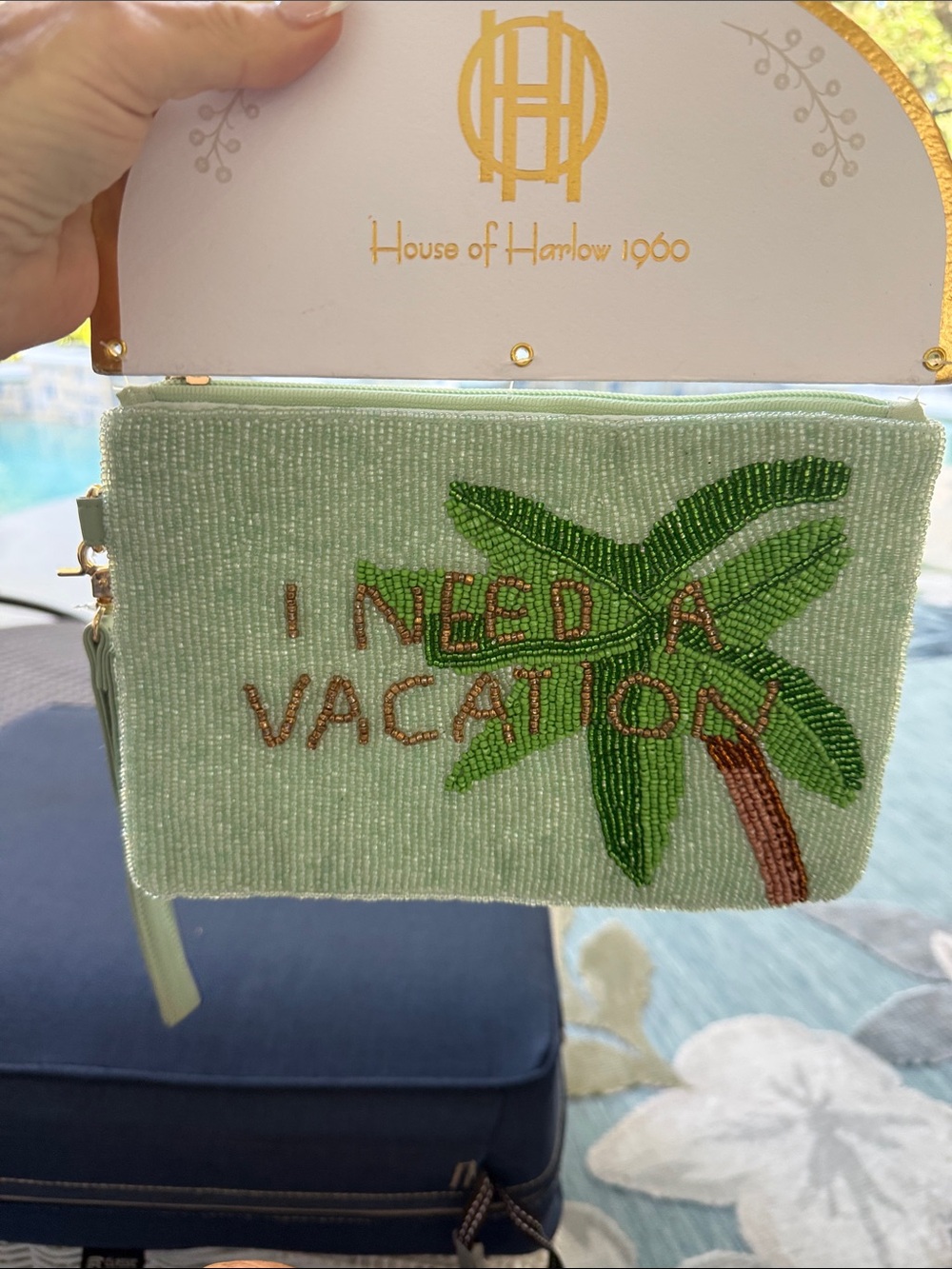 House of Harlow 1960 Mint Beaded Palm Tree Wristlet Clutch